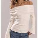 Verdusa Women's Off Shoulder Tops Long Sleeve Shirts Asymmetrical Top Flare Basic Tees Spring Outftis Apricot Small (Beige, S)