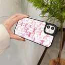 Case for iPhone 14 and iPhone 13, Trendy Aesthetic Pink Ribbon Bow Pattern Print, Glossy Hard PC Back Soft TPU Bumper, Slim Shockproof Anti-Scratch Cover for Teen Girls Women