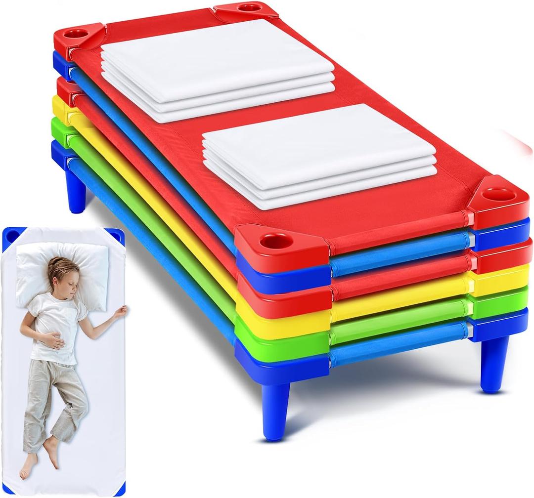 12 Pcs Stackable Daycare Cots for Kids with Sheets 54 l x 23 W T Kids Cots Furniture Bed Frames Headboards Footboards for Sleeping and Daycare (Multicolor), Twin