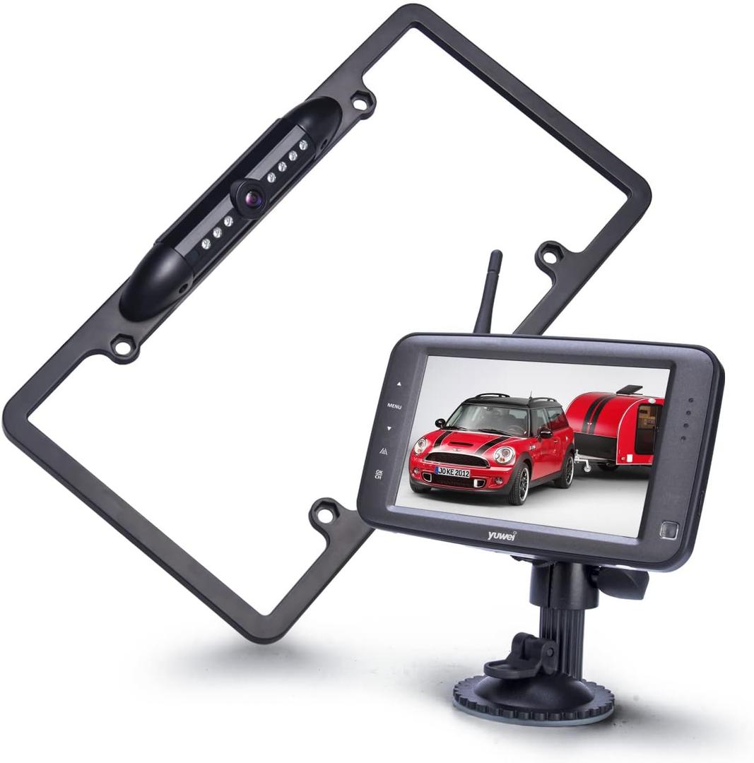 Yuwei Wireless Backup Camera with 5 inch Split Screen, Standard US License Plate Wireless Rear View Camera, Supports to add The 2nd Wireless reversing Camera for Trailer, Minivans,Pickups, etc