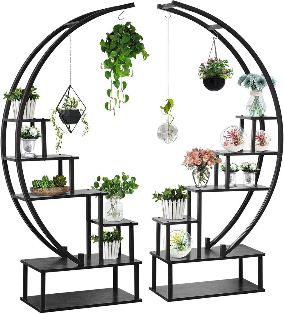 Elevens 2 Pcs 6 Tier Tall Metal Indoor Plant Stand Half-Moon-Shaped Plant Shelf Holder Multi-Purpose Plant Stands Plants Decor Plant Stands for Home Decoration (Round-Black)