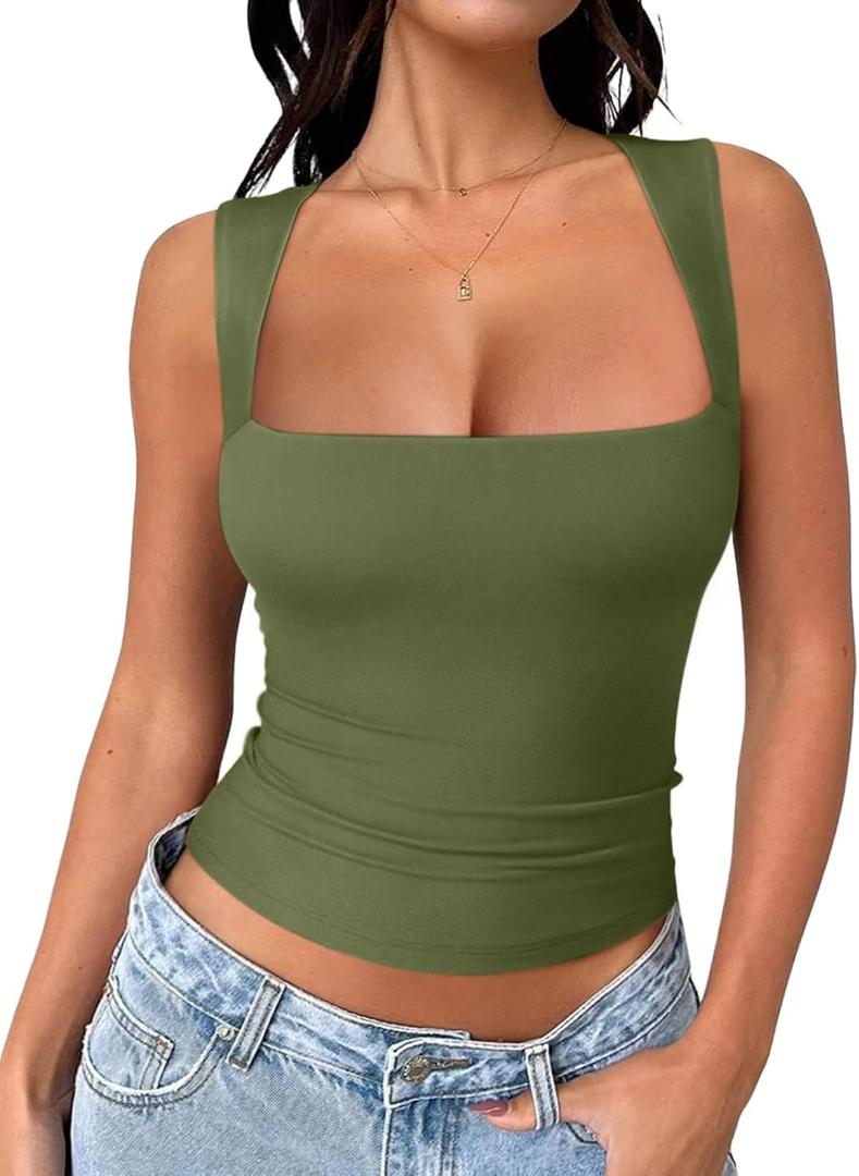 REORIA Butsmooth Women's Square Neck Going Out Crop Tops Double Lined Cute Basic Tank Tops 2025 Clothes (Dark Green) S