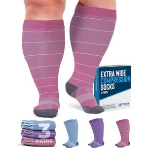 Doctor's Select Plus Size Compression Socks - 3 Pairs, Up to 6XL, 20-30 mmHg, Wide Calf, Blue, Pink, Purple (Stripes) (4X-Large)