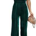 BLENCOT Sleeveless Velvet Jumpsuits For Women V Neck Spaghetti Straps Wide Leg Long Pants Dressy Rompers Winter Overalls (Large)