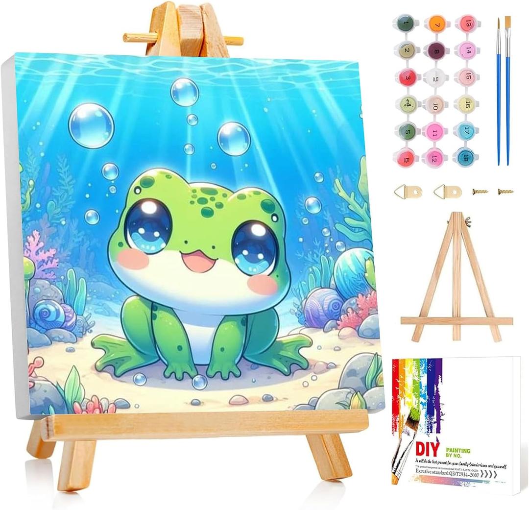 Reivworl Paint by Numbers Kit for Kids with Frame and Easel, Frog Paint by Number for Kids Age 6-8-12, Paint by Numbers Kits for Gifts and Home Decor - 8X8Inch