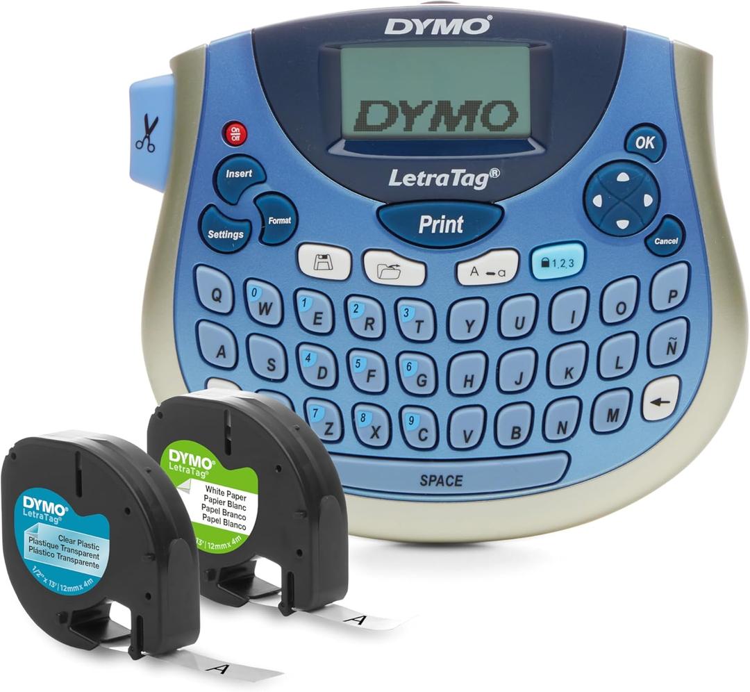 DYMO LetraTag Bundle, Handheld 100T Printer, Portable, QWERTY Keyboard, Includes 13ft Black on White Labels and 13ft Black on Clear Labels - Home Organization, Crafting, Labeling