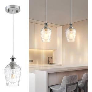 Glass Pendant Lights Kitchen Island, Farmhouse Brushed Nickel Pendant Light with Clear Hand-Blown Glass Shade, Modern Hammered Glass Hanging Light Fixture for Dining Room Bedroom Hallway