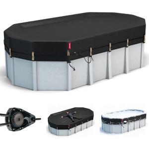 QH.HOME 18x33 Ft Oval Pool Cover for Steel Wall Pool,[Ultimate Windproof & Tear-Resistant Fabric],Snug Fit with Patented Ratchet & Weight Rings, Blocks Leaves &Waterproof