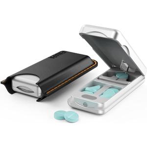 Aluminum Pill Splitter Cutter with Auto Centering Device, 316L Stainless Blade, Genuine Leather Case, Professional Pill Splitter for Cutting Small or Large Pills (Silver)