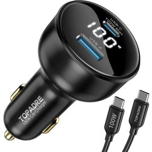 100W USB C Fast Car Charger with Display, PD3.0+QC Type C Car Charger Adapter with 100W USB C Fast Cable, Fast Charging for Laptops, MacBook Pro, iPad, iPhone 16/15/Pro Max, Galaxy S24/S23 Ultra Etc.