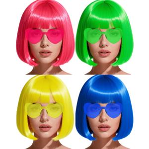 Colored Bob Wigs with Heart Sunglasses and Hair Cap- 4 Sets | Pink Blue Yellow Green Short Neon Bob Wig with Bangs Colorful Funny Hair for Women Men Costume Party Favors