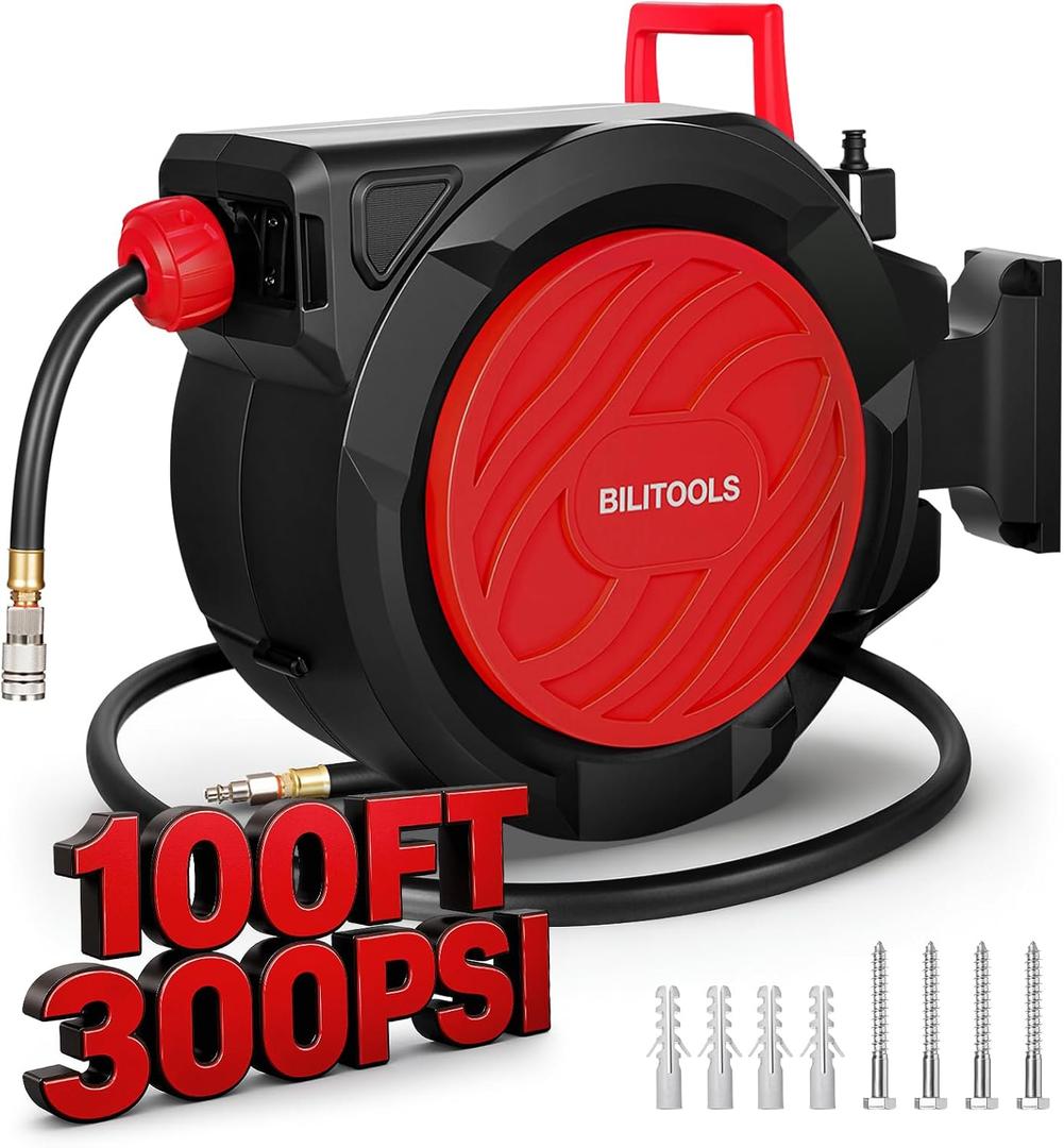 BILITOOLS Retractable Air Hose Reel 3/8" x 100FT Max 300PSI Auto Rewind