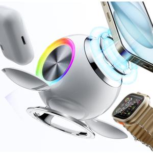 Venus 3 in 1 Mag-Safe Charger Stand, PEXXUS Magnetic Wireless Charging Station Apple MagSafe Charger (30W) Compatible for iPhone 12-16 Pro Max, Apple Watch Series, AirPods for Men (White)