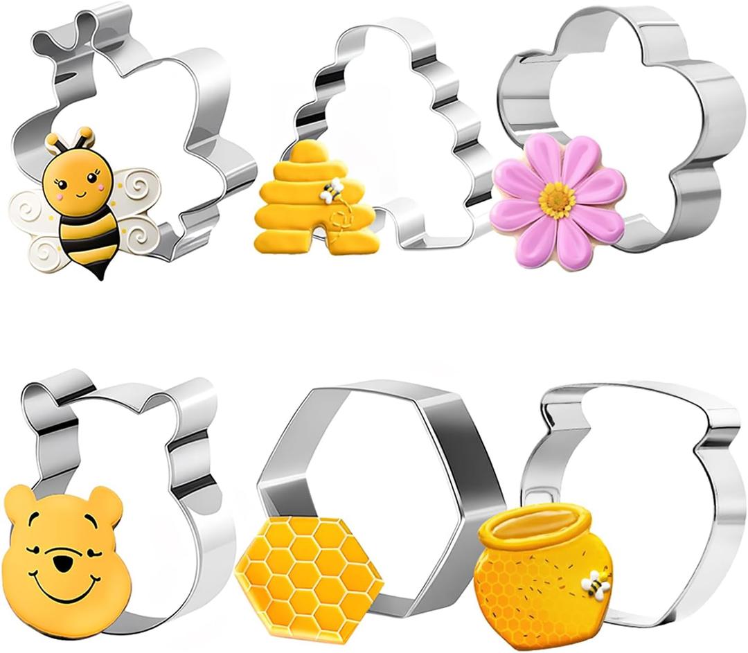 6Pack Bee Cookie Cutters Set, Beehive,Honey Jar,Winnie the Pooh,Flower Shapes Stainless Steel Biscuit Molds for Honey Bee Party Baking Muffins Sandwiches Cake Fondant Birthday Decoration