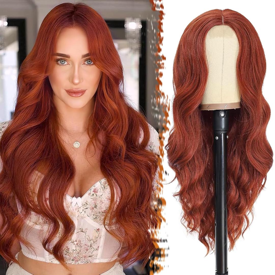BARSDAR Long Wavy Copper Auburn Wig - Long Wavy Middle Part Copper Auburn Wig for Women - 26 Inch Natural Looking Thick Soft Synthetic Hair Replacement Wigs Daily Party Halloween Costume Wigs