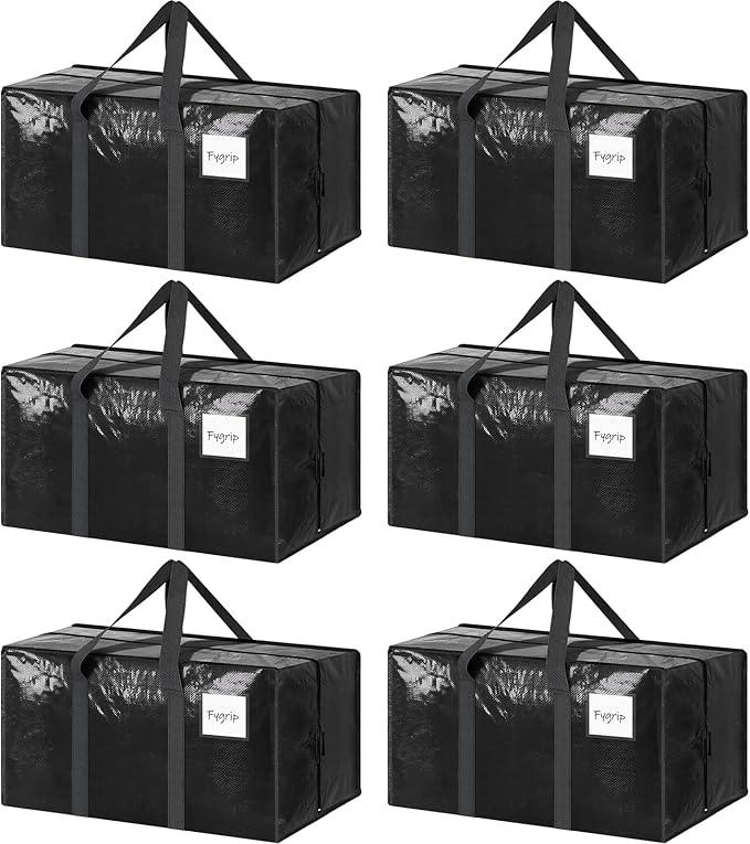 Fygrip 6 Pack Extra Heavy Duty Large Moving Bags with Strong Zipper and Comfortable Handles, Heavy Duty Durable Clothes Storage Bags, Moving Boxes for Supplies, 29"L x 14"W x 13"H, 23 Gallon, Black, 6 PCS