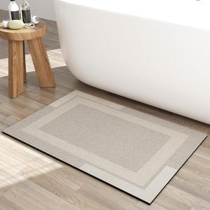 Ultra Thin Quick Dry Bath Mat Bathroom Rugs, Non Slip Rubber Backing Diatomaceous Earth Super Absorbent Bathroom Mat Shower Rug, Thin Bath Rug Fit Under Door Bathroom Floor, Beige 16"x 24" 