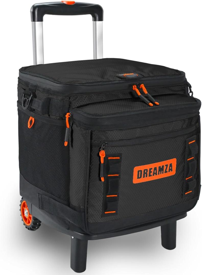 Soft Cooler with Wheels, 60-Can Wheeled Cooler with Handle, Leak Proof Rolling Cooler Insulated Bag with All-Terrain Cart, Collapsible Rolling Ice Chest for Beach Picnic Camping Grocery (Black/Orange)