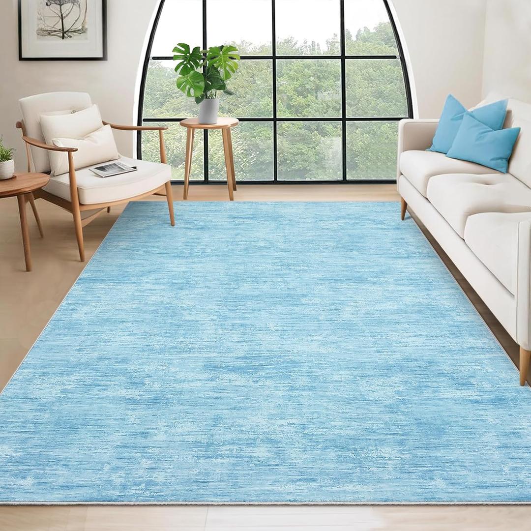 RUGSREAL Living Room Area Rug 9x12 Washable Rug Non-Slip Stain Resistant Modern Abstract Bedroom Rug Contemporary Throw Floor Carpet for Dining Room Solid Area Rug for Home Office, Light Blue