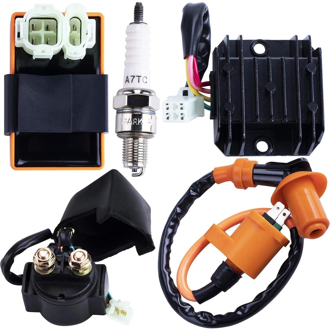 High Performance Racing GY6 Ignition Coil Voltage Regulator Rectifier Solenoid Relay 6 Pin AC CDI Spark Plug Kit for 50cc 125cc 150cc ATV Quad Go Kart Moped Scooter, Black