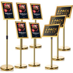 LEIFIDE 8 Pack Adjustable Heavy Duty Pedestal Sign Holder Floor Stand 8.3 x 11.7'' Adjustable Sign Holder Poster Stand with Aluminum Snap Open Frame, Screen Size A4(Gold,8.3 x 11.7'')