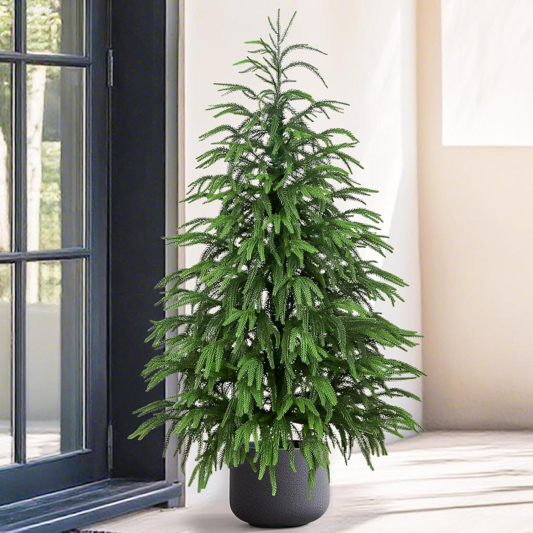 Artificial Norfolk Pine Tree, 4 ft Realistic Christmas Tree, Fake Potted Plants for Front Porch Outdoor Indoor Garden Christmas Decor (Green-2)