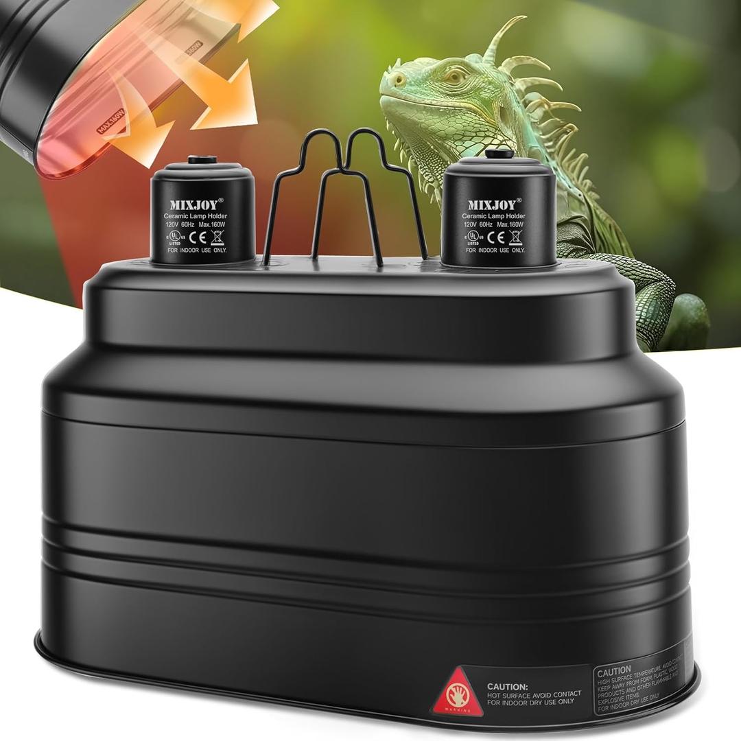 MIXJOY Dual Reptile Light Fixture, Max 160W Each Heat Lamp Fixture with Separate Switches, Fits Reptile Light/Heat Lamp/UVB Light for Lizards, Turtles, Snakes, and Amphibians