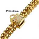 Gold Cuban Chain Dog Collar Solid Stainless Steel Link Chain Thick Pet Collar Cool Zirconia Lock Small Medium Large Dogs Collar (12Inch for 9.6-11.5" Dog Neck)