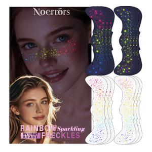 Noerrors 12pcs Rainbow Freckles Face Tattoo Sticker Glow under UV Light Blacklight in the Dark, Neon Fluorescent Glitter Colorful Fake Faux Freckle Temporary Patches Makeup for Party Supplies #01+02