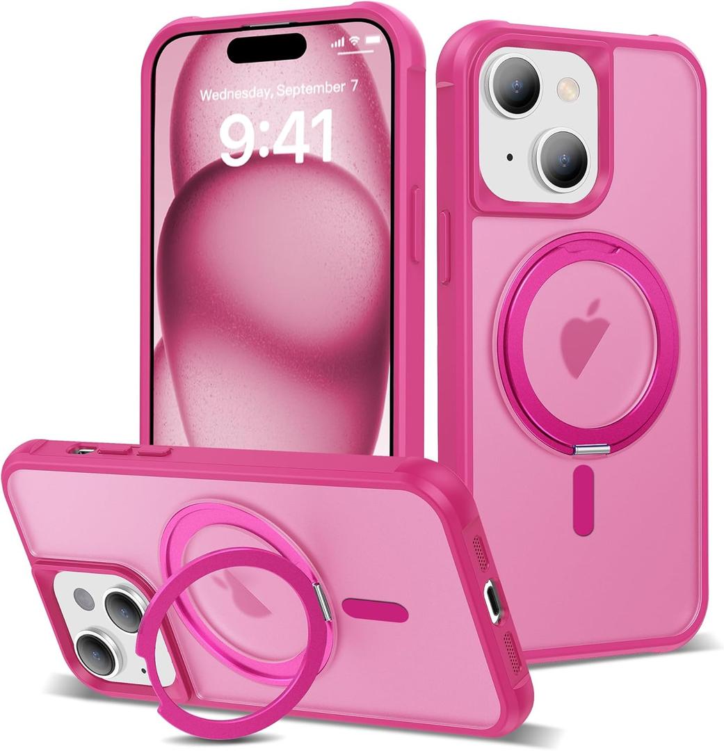 Designed for iPhone 15 Case with 360 Rotatable Magnetic Ring Stand [Compatible Mag-Safe] [Military Grade Protection] Translucent Matte Phone Cases for Women Men 6.1'', Rose Red