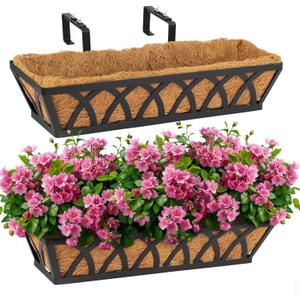 36IN Window Box Railing with Adjustable Brackets, Hanging Flower Planter Basket with Coco Liner for Outdoor Balcony Porch Fence Patio (Black - Set 2)
