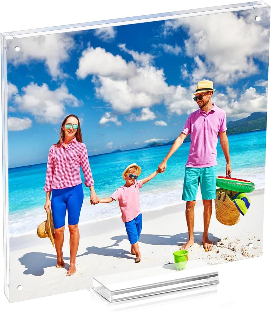 8x8 Square Magnetic Acrylic Picture Frame, Clear Double Sided Frame with Base, Frameless Floating Lucite Photo Frame Stands on Desk Table Horizontally or Vertically