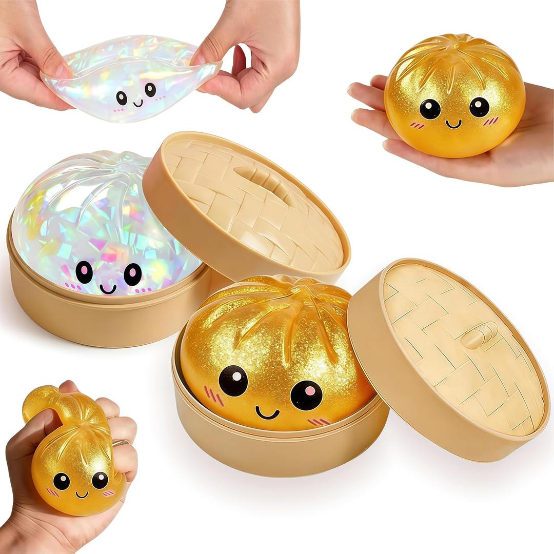 2PCS Dumpling Squeeze Box, Anxiety Relief Fidget, Soft Squeeze Decompression Dough (Golden+Transparent)