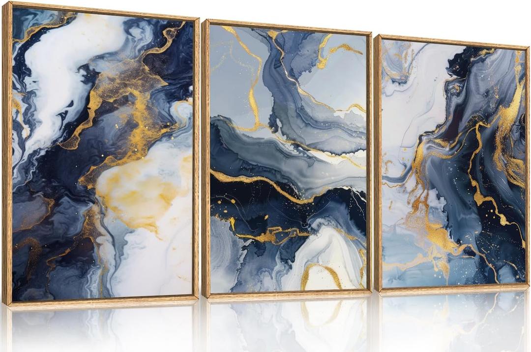 Navy Blue and Gold Framed Canvas Wall Art Set,Mid-Century Modern Abstract Wall Decor,Navy Blue Ink Wash Painting,Neutral Art Print for Living Room,Bedroom,Dining Room,Office - 16"x24"x3