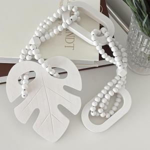 Unique Wood Beads with Chain Link and Leaf, Decorative Beads Home Decor, Knot Beaded Garland Decor, Housewarming Gift, White