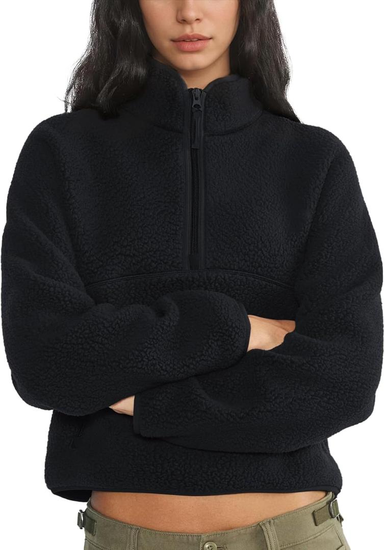 Fleece Sweatshirts for Women Cropped Long Sleeve Half Zip Pullover Sherpa Jacket Warm Fuzzy Coats with Pockets (Medium, Black)
