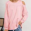 Fisoew Womens Cold Shoulder Tops Casual Long Sleeve Crewneck Basic Loose Fall Fashion T Shirts (Pink, L)