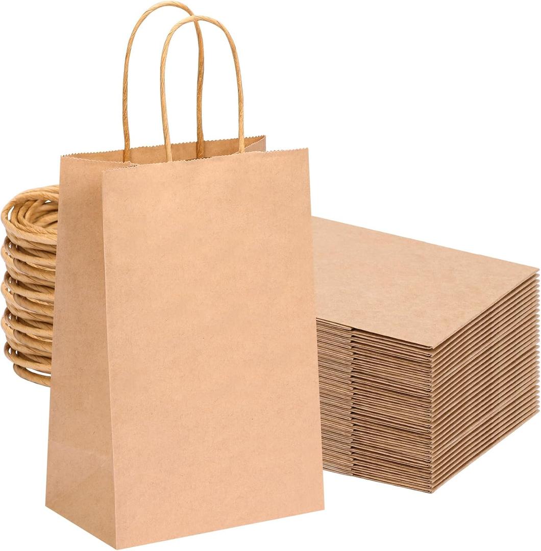 OUTUXED 60pcs Small Gift Bags, 5.25x3.2x8in Brown Paper Bags with Handles Bulk for Gift, Shopping, Birthday, Wedding, Business Party (Kraft) (1 Count (Pack of 60))