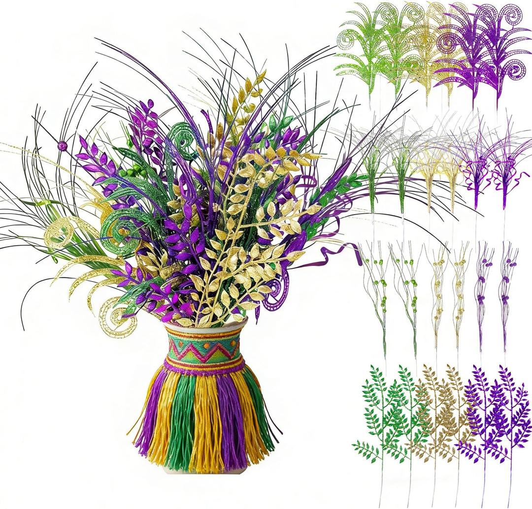 24 Pcs Mardi Gras Glitter Picks 17 Inch Mardi Gras Table Centerpiece Decoration Purple Gold Green Mardi Gras Tree Topper Floral Berry Stems Picks Toppers and Sprays for Carnival Party
