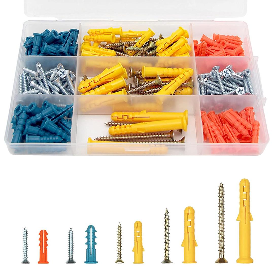 230pcs Plastic Drywall Wall Anchors and Screws Kit,Assortment Colors Plastic Anchors and Flat Head Screws in 5 Sizes,for Wall Hanging and Mounting in Home Office