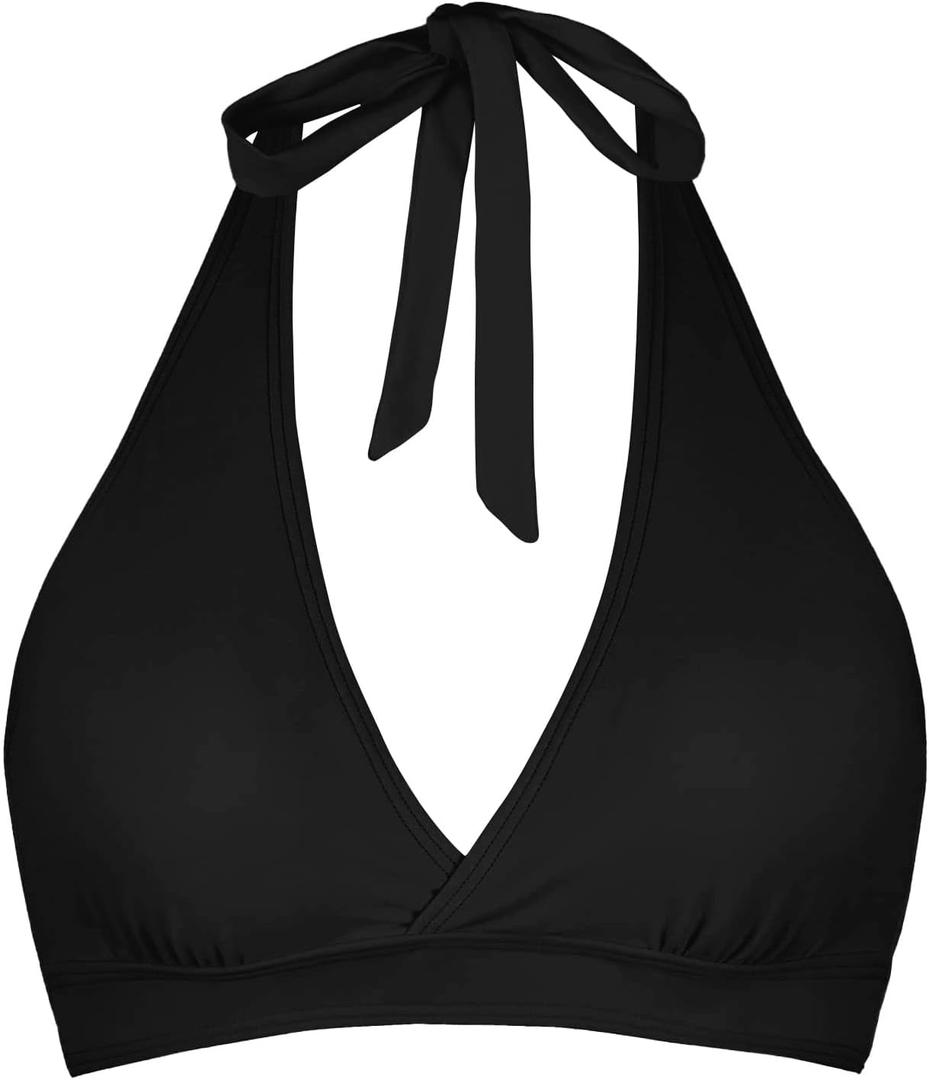 Women's Supportive Halter Bikini Padded Push Up Ruched Bust Hook Back Swimsuit Bathing Suit Tops Only (Medium, Black)