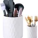 Kitchen Utensil Holder, 7.2"+4" Ceramic Cooking Utensil Holder for Countertop, Large Utensil Crocks for Kitchen Counter, Morden Utensil Organizer for Spatula,Sliverware, Set of 2 (White)