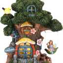 Fairy House Garden Outdoor Decor, Large Garden Gnome House and Fairy Figurines with Solar Lights Waterproof Resin Ornaments Decorations for Patio Yard Lawn