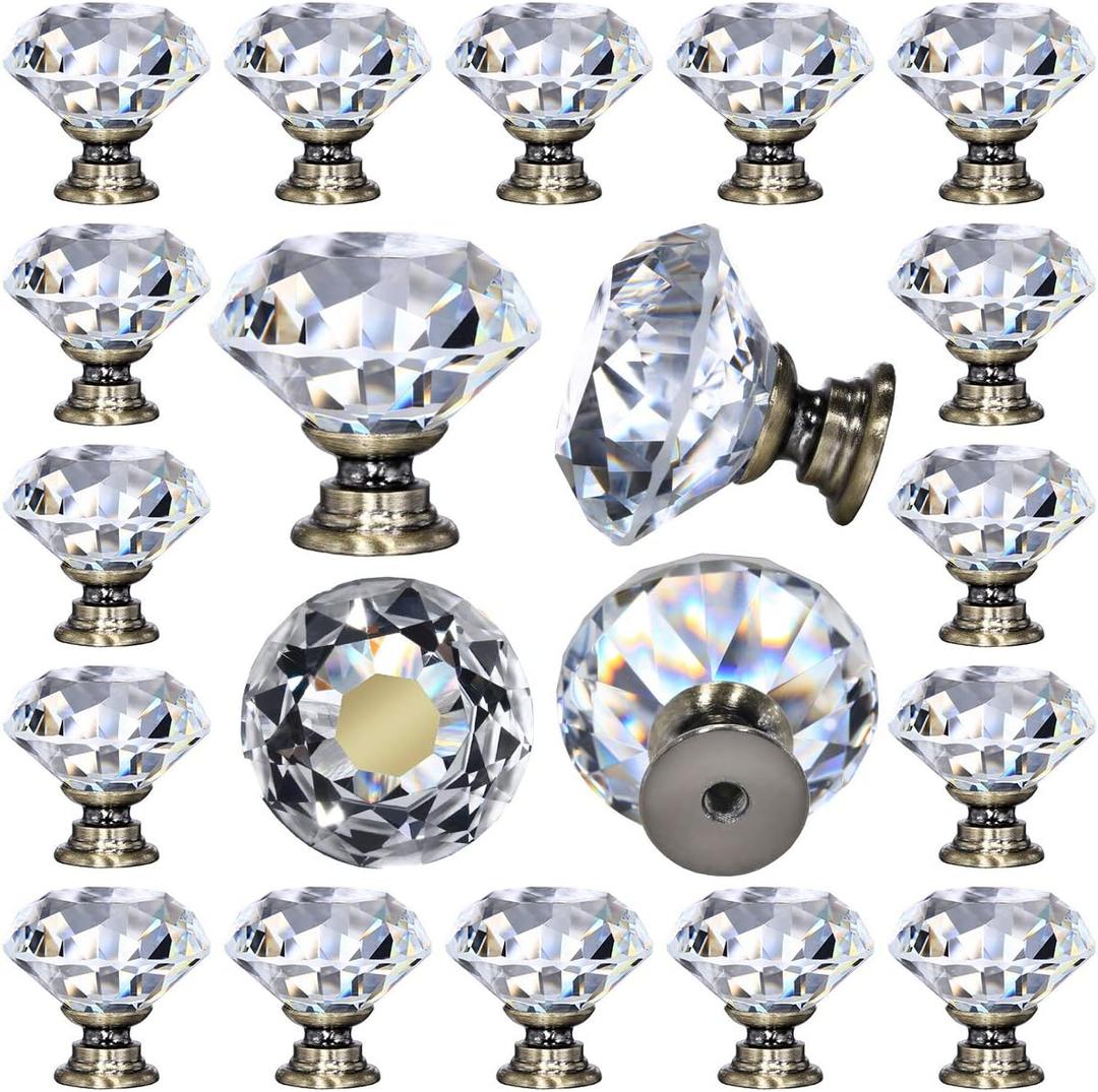 12 Packs Crystal Cabinet Knobs Drawer Pulls and Knobs Diamond Dresser Handles Crystal Pulls for Drawers - 30 mm Clear Glass Cabinet Knob with Bronze Base