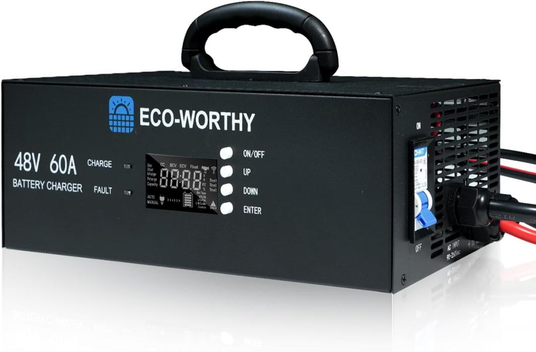 ECO-WORTHY 48V 60A Lithium Battery Charger, Adjustable Voltage and Current, Supports 90-260V AC Input, Smart BMS Communication, Generator Plug & Wall Mount Bracket for Server Rack LiFePO4 Batteries