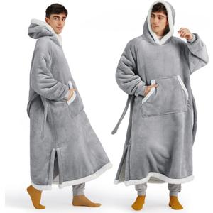 Bedsure Wearable Blanket Hoodie, Long Hooded Blanket Sweatshirt as Christmas Birthday Gifts for Men, Cozy Sherpa Hoodie for Adult, Oversize, Grey