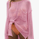 Saodimallsu Womens Sheer Swimsuit Coverup Top Bell Long Sleeve Mesh Ribbed Boat Neck Side Slit Beach Vacation Outfits Size S