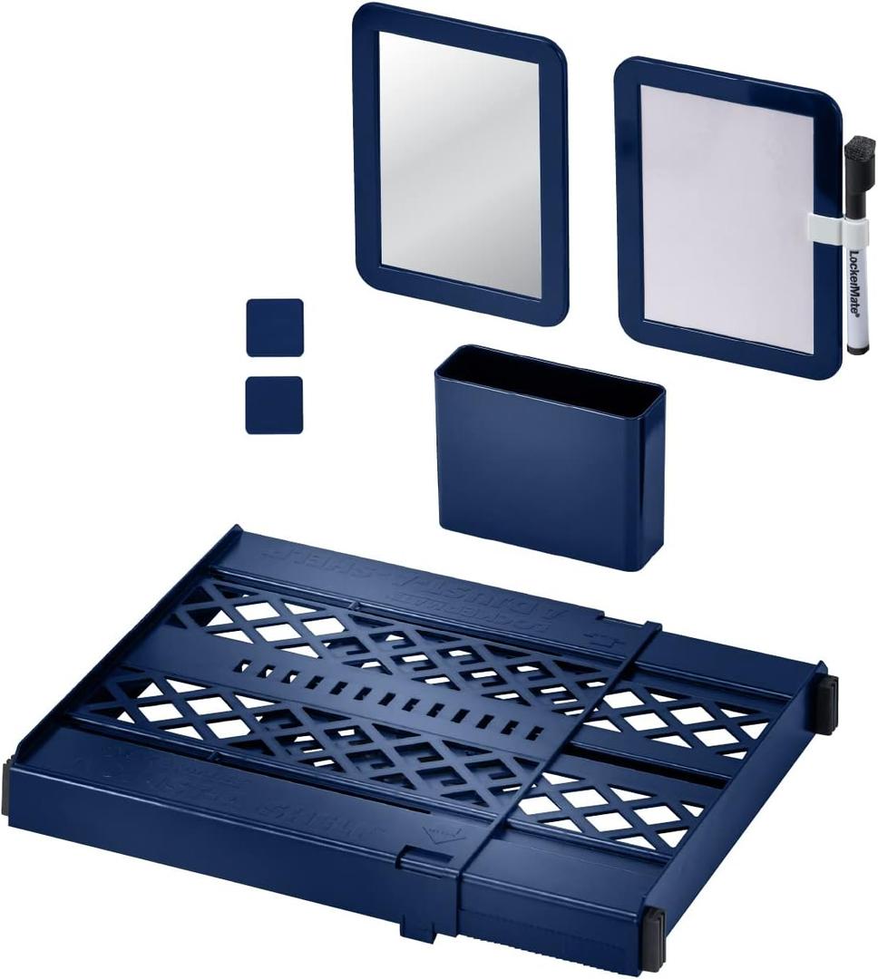 LockerMate Adjust-A-Shelf 6-Piece Locker Accessories Set, Extends to Fit Your Locker, Includes Storage Drawer, Mirror, Whiteboard, Storage Cup, Navy, Blue (50924KIT-NVY)