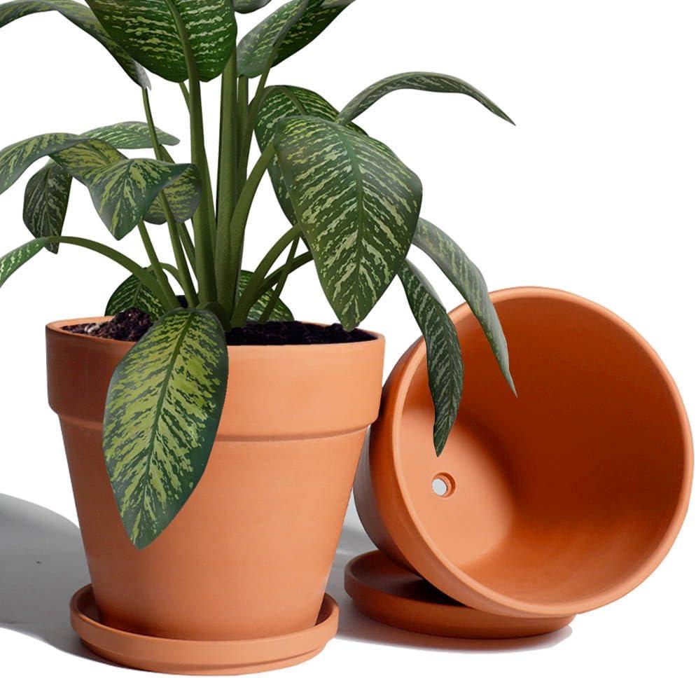 vensovo 8 Inch Clay Pot for Plant with Saucer - 2 Pack Large Terra Cotta Plant Pot with Drainage Hole, Clay Planters Pot, Terracotta pot for Indoor Outdoor Plant (Brown)