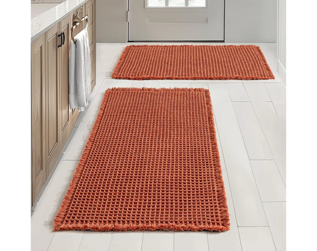 MIULEE Fall Orange Set of 2 Waffle Bathroom Rugs, Super Absorbent Non Slip Bath Rugs, Machine Washable Bath Mats with Tassels, Ultra Soft Rubber Backed Shower Mats for Bathroom Floor, Tub, 24x36 Inch